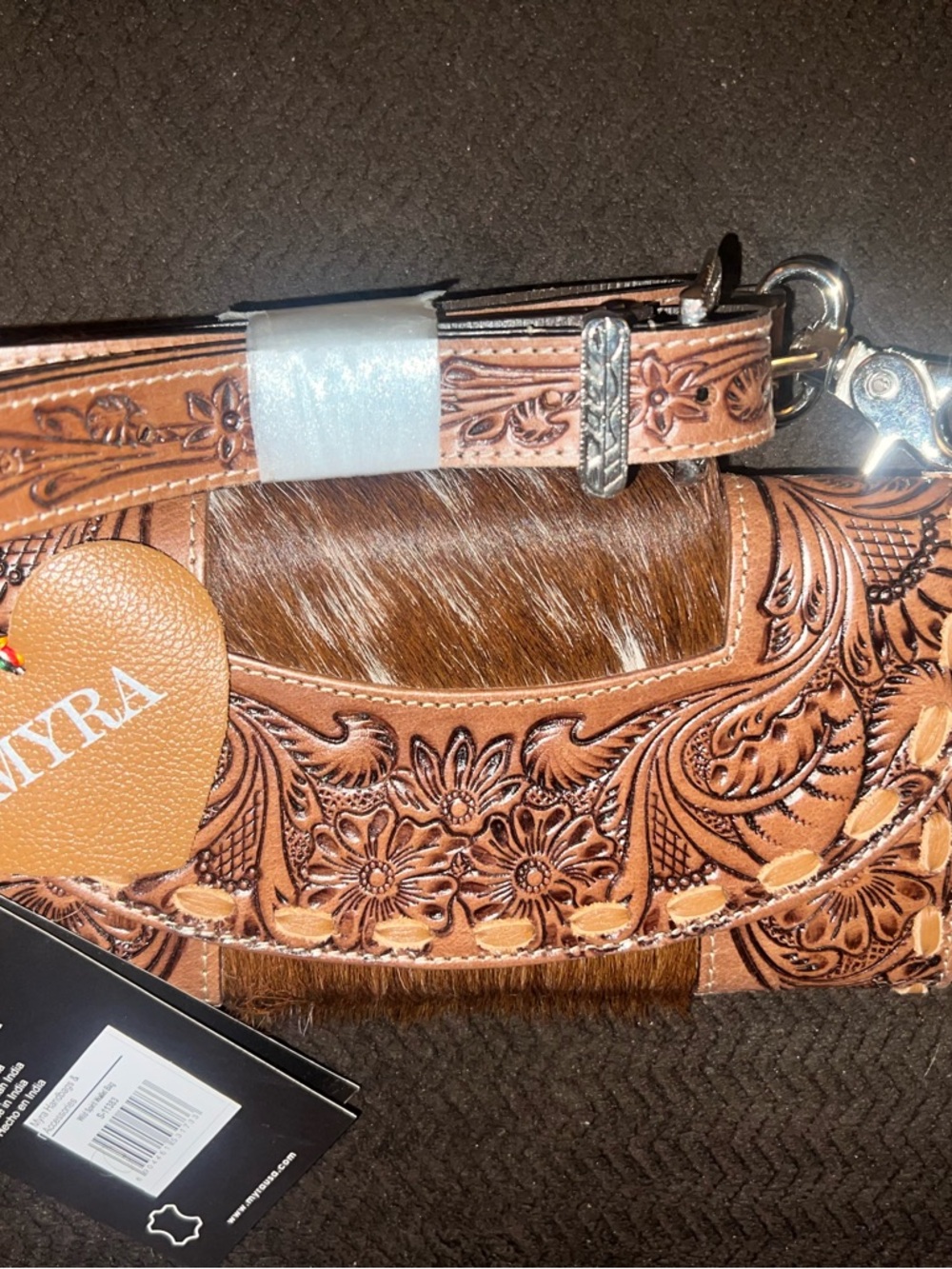 Myra Bag Brown Tooled Leather Card & Key Holder with Hair-On-Hide Accent